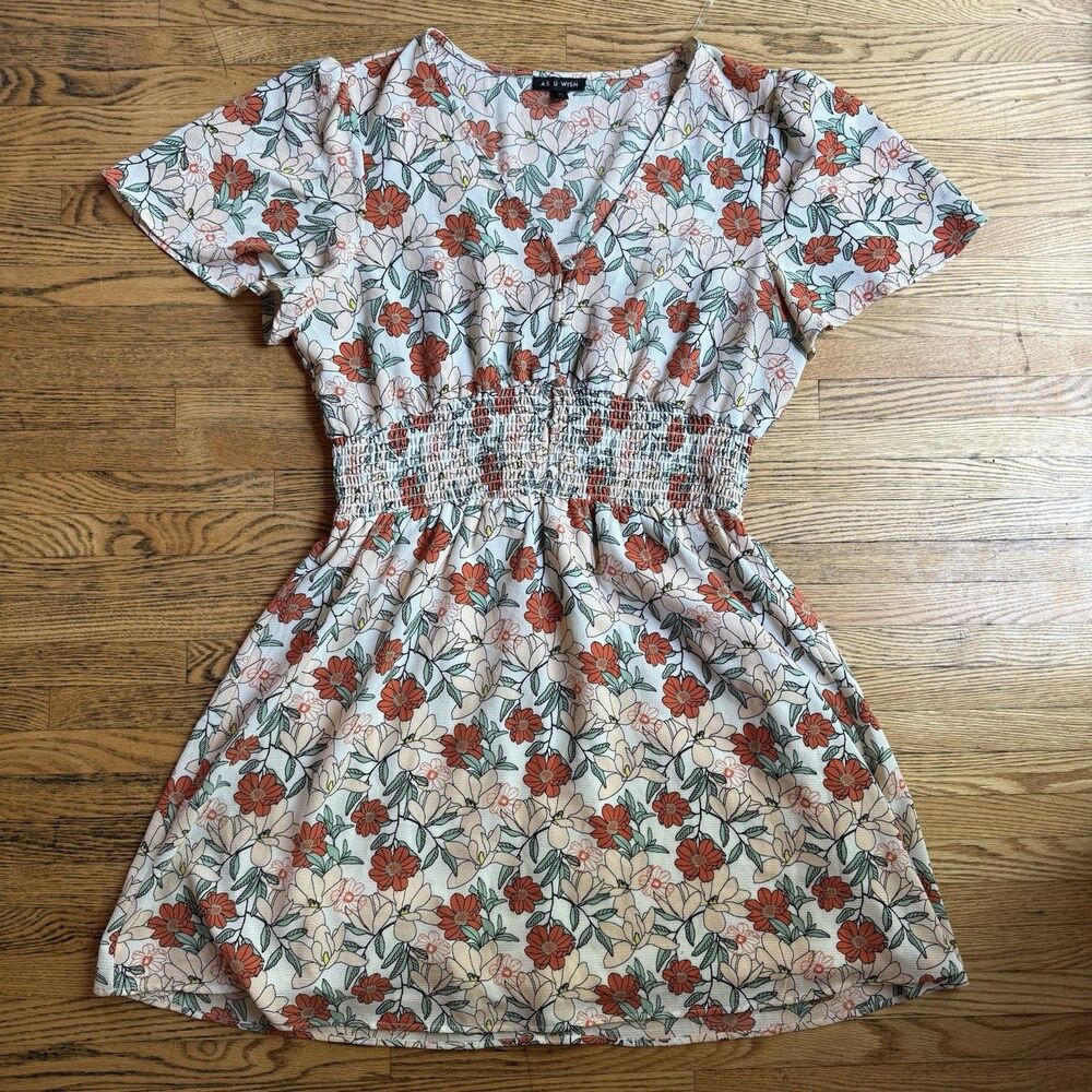 Babydoll Smocked Mini Dress Size XL As U Wish Floral Flutter Flirty Boho Fairy